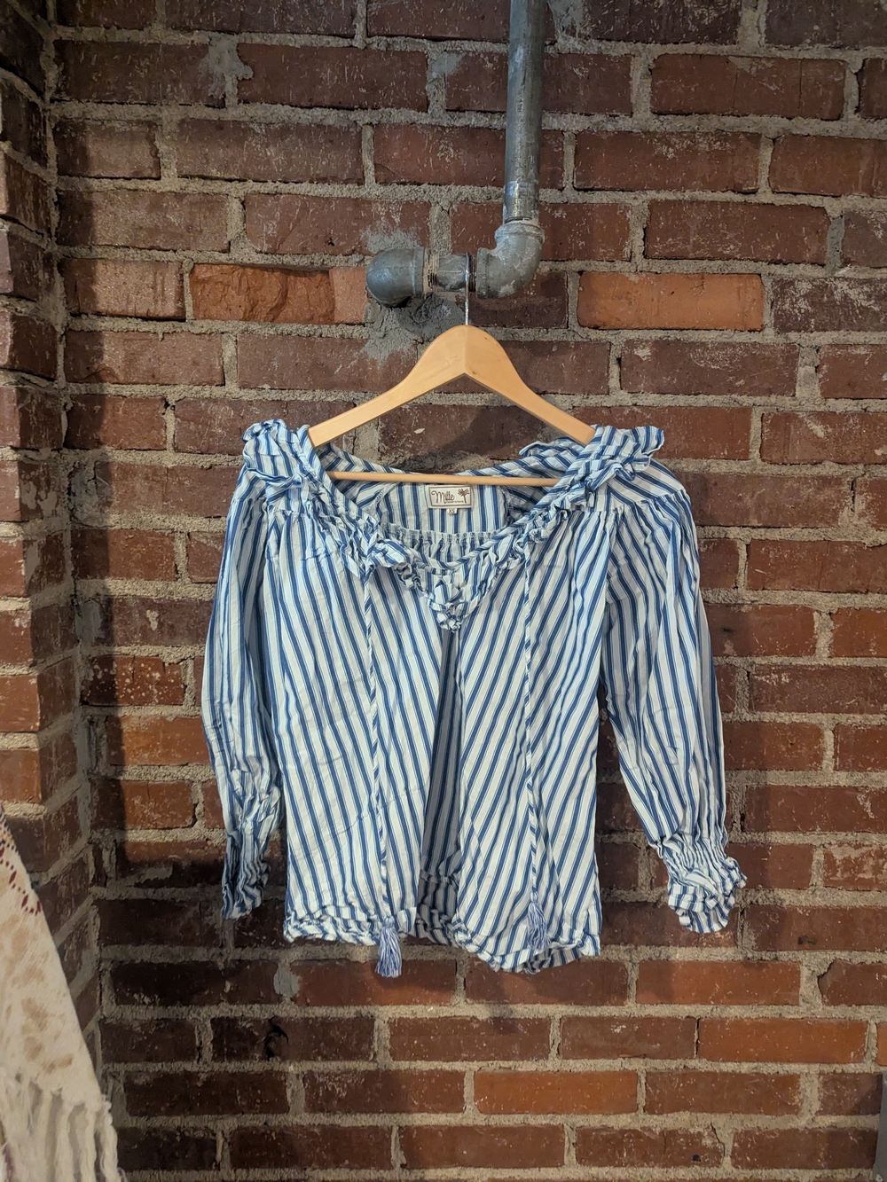 Striped Off-Shoulder Ruffle Blouse in Blue and White
